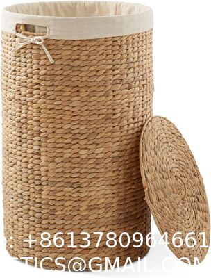 Round Laundry Hamper With Lid And Removable Liner Bag - Natural, Woven Water Hyacinth Wicker Laundry Basket For Clothes And Towels