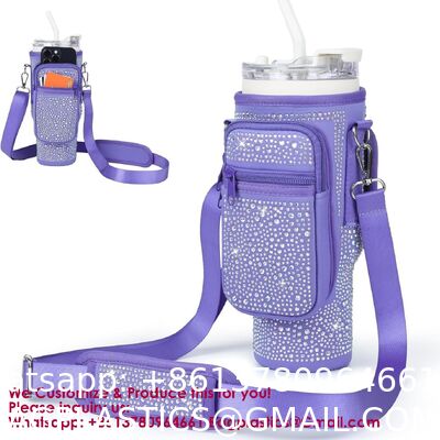 Water Bottle Carrier Bag With Phone Pocket For Stanley 40 & 30 Oz Tumbler With Handle,Pink Insulated Neoprene Cup
