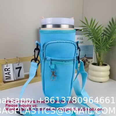 Adjustable Strap Neoprene 40oz Water Bottle Carrier Sleeve Pouch Tumbler Cup Holder Sling Bag With Phone Pocket