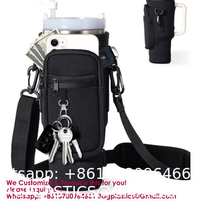 Adjustable Strap Neoprene 40oz Water Bottle Carrier Sleeve Pouch Tumbler Cup Holder Sling Bag With Phone Pocket