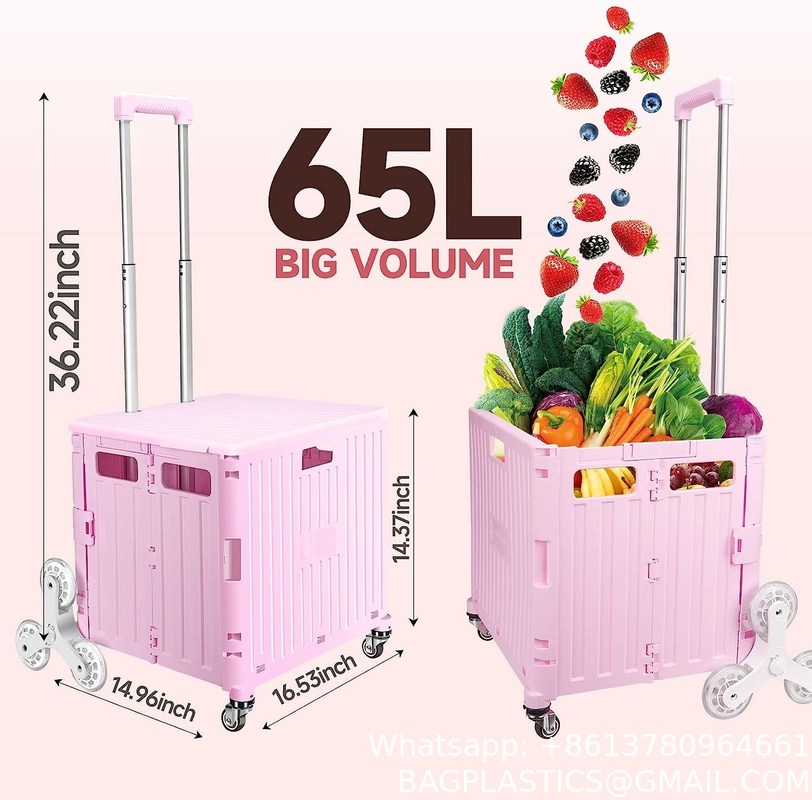 Foldable Utility Cart Folding Portable Rolling Crate Handcart With Durable Heavy Duty Plastic Telescoping Handle Collapsible 4 Rotate Wheels For Travel Shopping Moving Luggage Office Use Green