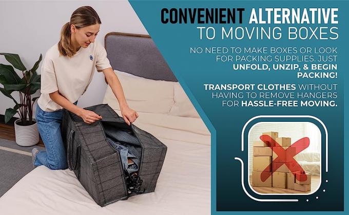 Convenient alternative to moving boxes. Transport clothes without having to remove hangers.