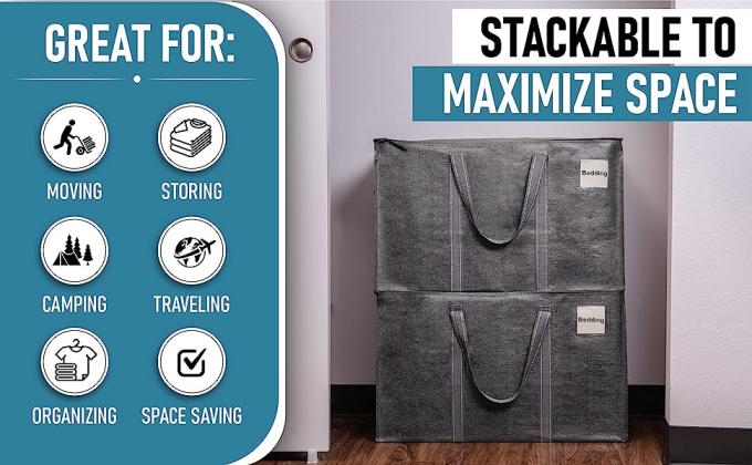 2 gray extra-large moving and storage stacked on top of each other in the closet. stackable.