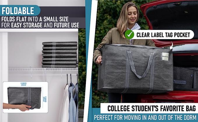 woman putting a large gray storage and moving bag in a red car. clear label tag pocket. foldable.