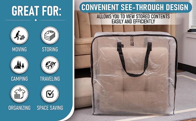 Convenient see-through design. Visible large cushion inside the extra-large clear storage bag.