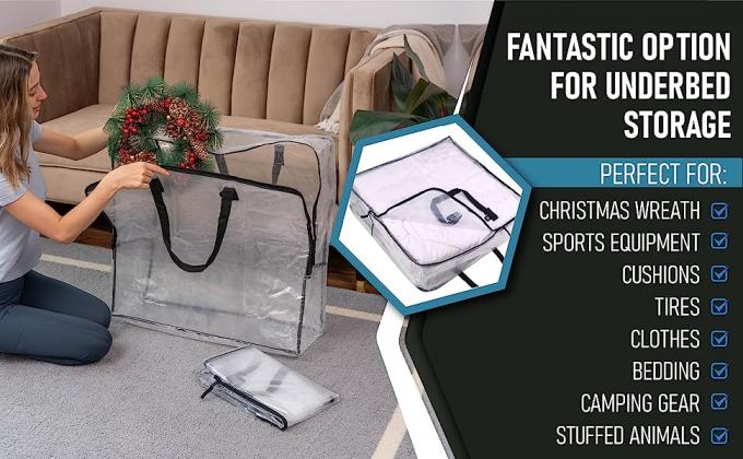 Fantastic option for underbed storage. Woman putting a wreath inside a extra-large clear storage bag