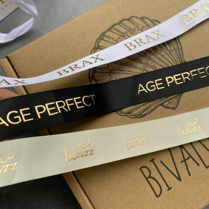 Luxury Gift Wrapping Customized 3D Gold Foil Embossed Printed With Logo Custom Satin Ribbon 5