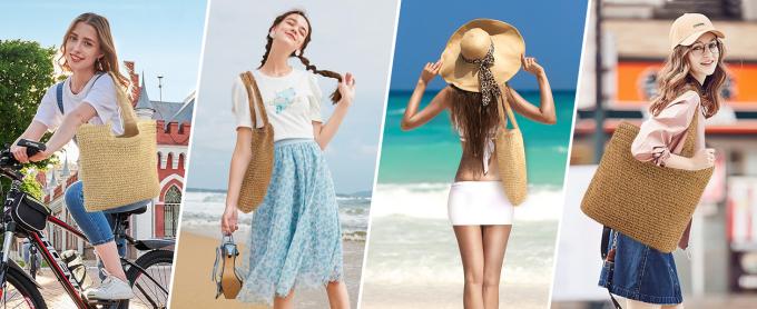 Raffia Crocheted Tote Shopping Bag Handmade Straw Bag Shoulder Beach Woven Handbag Summer Fashion Lady'S Casual Handbags Women'S Straw Shoulder Bags Rattan Woven Top Handle Raffia Crochet Beach 0