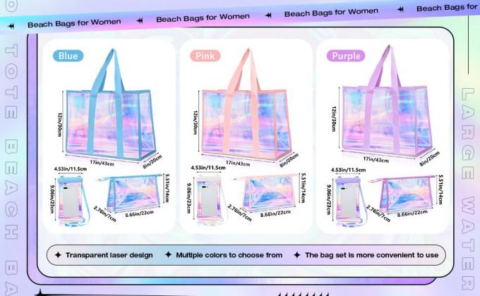 hologram holographic shiny fashion sustainable Waterproof Beach Bags Women Clear Iridescent Tote Bag Cosmetic Pouch For Phone Travel Beach Pool Essentials 0