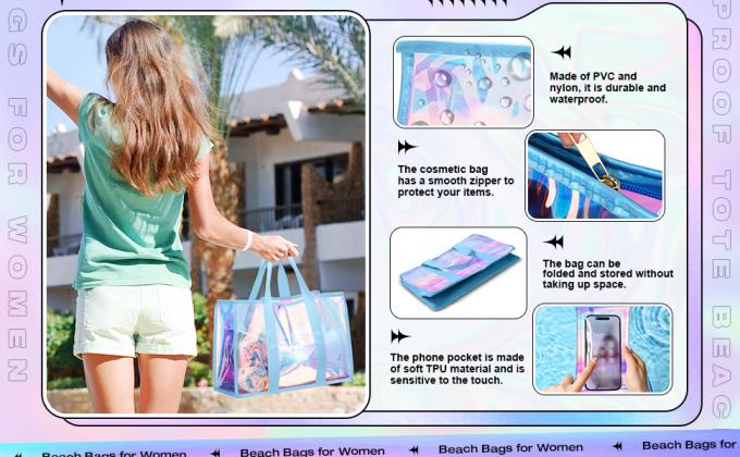 hologram holographic shiny fashion sustainable Waterproof Beach Bags Women Clear Iridescent Tote Bag Cosmetic Pouch For Phone Travel Beach Pool Essentials 1