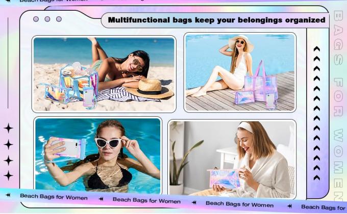 hologram holographic shiny fashion sustainable Waterproof Beach Bags Women Clear Iridescent Tote Bag Cosmetic Pouch For Phone Travel Beach Pool Essentials 2