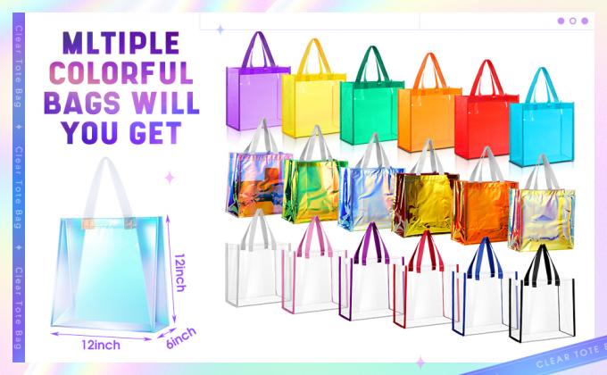 Custom Plastic Tote Bag With Handles Clear Beach Bags Transparent Stadium Bag Holographic Waterproof Versatile Beach Clear Printed Word Tote Bag Work Handbag Shoulder PVC Tote Shopping Bag 0