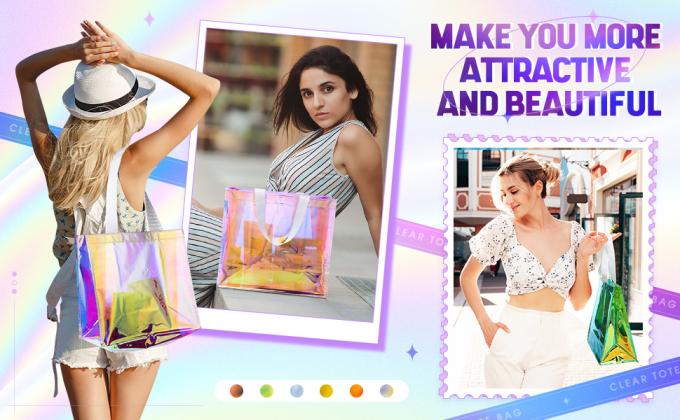 Custom Plastic Tote Bag With Handles Clear Beach Bags Transparent Stadium Bag Holographic Waterproof Versatile Beach Clear Printed Word Tote Bag Work Handbag Shoulder PVC Tote Shopping Bag 5