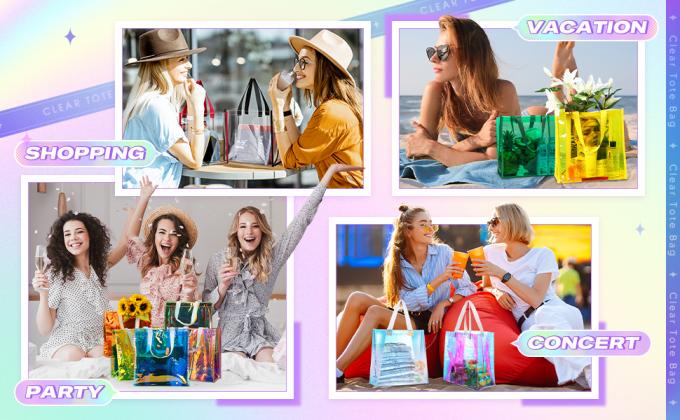Custom Plastic Tote Bag With Handles Clear Beach Bags Transparent Stadium Bag Holographic Waterproof Versatile Beach Clear Printed Word Tote Bag Work Handbag Shoulder PVC Tote Shopping Bag 6