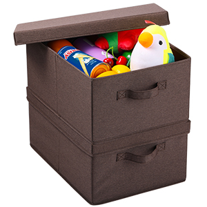 DURABLE DOUBLE-SIDED HANDLES Linen Foldable Storage Bins With Lids, 2 Pack, Storage Boxes With Carrying Handles And Sturdy Heavy Cardboard 0