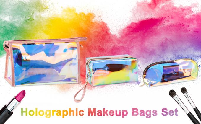 Holographic Makeup Bags Set, Clear Iridescent Cosmetic Bags, Portable Waterproof Toiletry Bag, Travel Zippered Makeup Organizer Cosmetic Pouch for Women, Mothers Day Gifts 0