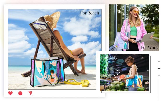 Holographic Clear Tote Bag With Leather Handle Iridescent Bachelorette Beach Bag For Work Stadium Travel, Fashion Bag, Tote Bag, Handle Bag, Handy Bag 3