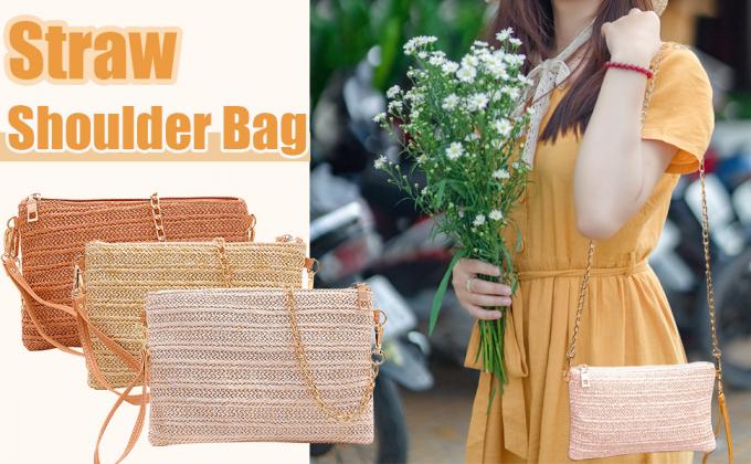 Womens Straw Clutch Bag Bohemian Summer Beach Straw Purse Zipper Wristlet Wallets For Women Clutch Makeup Bag with Zipper Durable Logo Pattern Flat Bag for Outdoor Activities 0