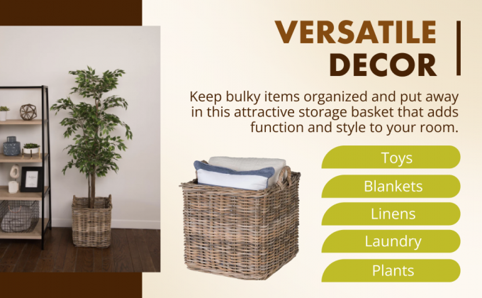 Large Square Rattan Basket, Handmade, Living Room, Blankets, Toy Bin, Extra Storage, Decorative Storage, Laundry Basket, Linens, Gray & Brown, Large 0