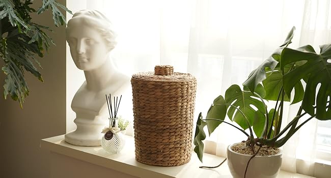 Wicker Waste Basket - Water Hyacinth Bathroom Garbage Can With A Lid - Bathroom Trash Can Boho Style - Wicker Trash Can With Lid For Household, Kitchen - Removable Liner, Iron Frame 7