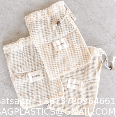 Natural Cotton Double Drawstring Reusable Eco Friendly Grocery Bag Shopping Net Produce OrganicMesh Fruit Bag
