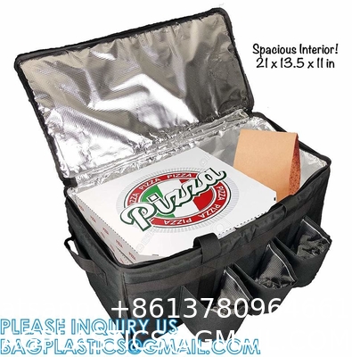 Insulated Food Delivery Bag with Cup Holders/Drink Carriers Premium XXL, Great for Beverages, Grocery, Pizza