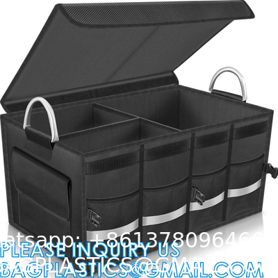 Trunk Cargo Organizer Durable Storage Collapsible Multi Compartments With Aluminium Alloy Handle Reflective Strip