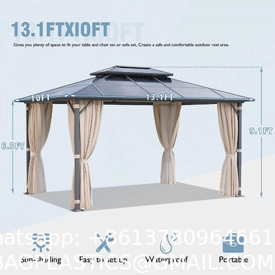 Gazebo Polycarbonate Double Roof Canopy Outdoor Aluminum Frame Pergola, Permanent Pavilion with Netting Curtains