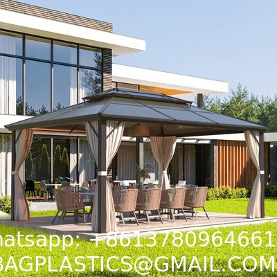 Gazebo Polycarbonate Double Roof Canopy Outdoor Aluminum Frame Pergola, Permanent Pavilion with Netting Curtains