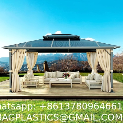 Gazebo Polycarbonate Double Roof Canopy Outdoor Aluminum Frame Pergola, Permanent Pavilion with Netting Curtains