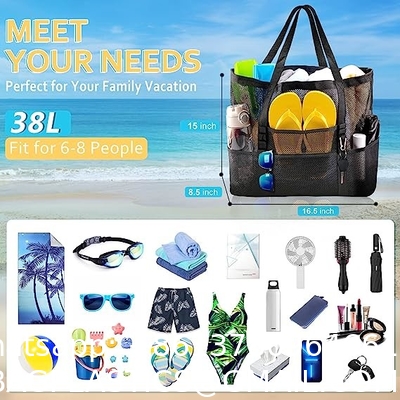 Mesh Beach Bag, Extra Large Beach Bags with 9 Pockets & Zipper Waterproof Lightweight Beach Tote for Beach/Pool Trip