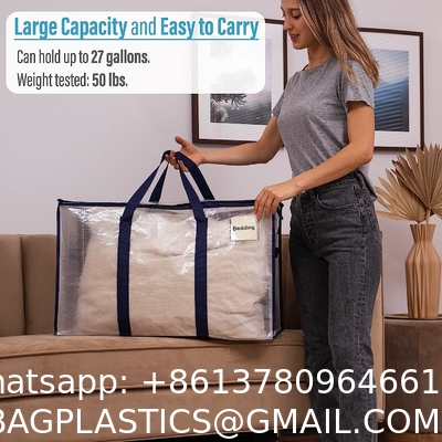 Heavy Duty Extra Large Clear Moving Bags W/Backpack Straps Strong Handles & Zippers, Storage Totes For Space Saving