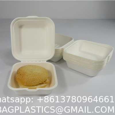 Custom 6x6 Inch Take Away Lunch Packing Fast Food Container Biodegradable Clamshell Bagasse Hamburger Sugarcane Burger