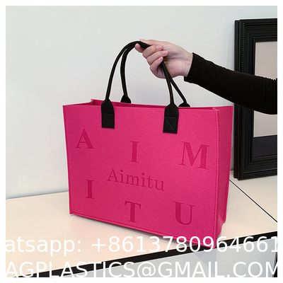 Portable Promotion Custom Printed Logo Felt Tote Bag Handbags Wool Felt Grocery Shopping Tote Bag Wholesale Fashion Women Daily Felt Gift Tote Bag With Outer Pocket