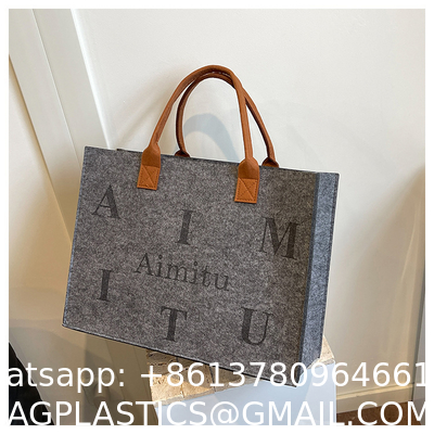 Portable Promotion Custom Printed Logo Felt Tote Bag Handbags Wool Felt Grocery Shopping Tote Bag Wholesale Fashion Women Daily Felt Gift Tote Bag With Outer Pocket