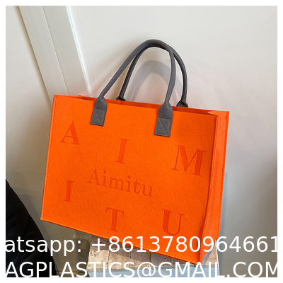 Portable Promotion Custom Printed Logo Felt Tote Bag Handbags Wool Felt Grocery Shopping Tote Bag Wholesale Fashion Women Daily Felt Gift Tote Bag With Outer Pocket