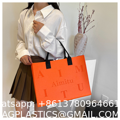 Portable Promotion Custom Printed Logo Felt Tote Bag Handbags Wool Felt Grocery Shopping Tote Bag Wholesale Fashion Women Daily Felt Gift Tote Bag With Outer Pocket