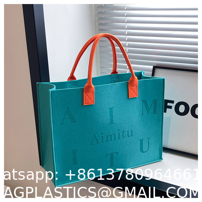 Portable Promotion Custom Printed Logo Felt Tote Bag Handbags Wool Felt Grocery Shopping Tote Bag Wholesale Fashion Women Daily Felt Gift Tote Bag With Outer Pocket