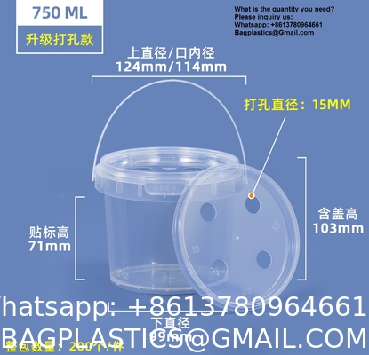 2000ml Clear 2L Large Fruit Cups Bucket Food Storage Containers Box 64oz PP Plastic Boba Milk Tea Beer Drink Pail With Handle