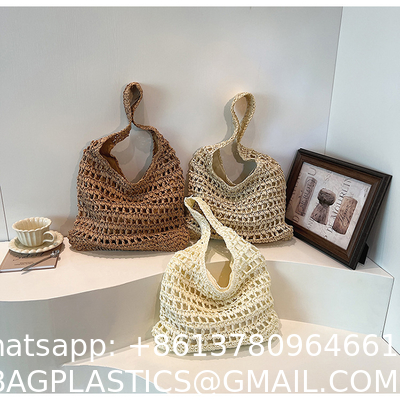 Bolsas Personalizadas Logo Bolsos De Paja Tejida Custom Raffia Clutch Woven Crochet Shoulder Women Handbags Beach Straw Bag Mesh Beach Bag Crochet Tote Bag Straw Crochet Purses for Women Raffia Tote