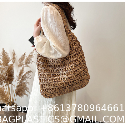 Bolsas Personalizadas Logo Bolsos De Paja Tejida Custom Raffia Clutch Woven Crochet Shoulder Women Handbags Beach Straw Bag Mesh Beach Bag Crochet Tote Bag Straw Crochet Purses for Women Raffia Tote