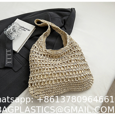 Bolsas Personalizadas Logo Bolsos De Paja Tejida Custom Raffia Clutch Woven Crochet Shoulder Women Handbags Beach Straw Bag Mesh Beach Bag Crochet Tote Bag Straw Crochet Purses for Women Raffia Tote