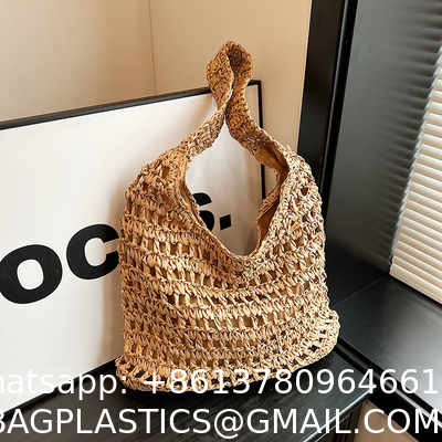 Bolsas Personalizadas Logo Bolsos De Paja Tejida Custom Raffia Clutch Woven Crochet Shoulder Women Handbags Beach Straw Bag Mesh Beach Bag Crochet Tote Bag Straw Crochet Purses for Women Raffia Tote