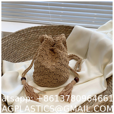 Hot Sale Women Hollow Out Crochet Knit Summer Handbags Straw Woven Portable Raffia Beach Holiday Tote Bag Raffia Paper Rope Crochet Straw Bag for Seaside Vacation Trips Shopping and Shopping