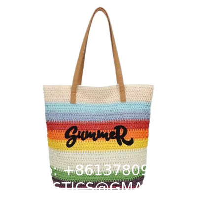 Summer Luxury Crochet Straw Raffia Tote Bag For Women Casual Handbag Embroidery Portable Open For Beach Holidays Casual Outings