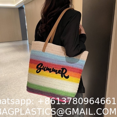Summer Luxury Crochet Straw Raffia Tote Bag For Women Casual Handbag Embroidery Portable Open For Beach Holidays Casual Outings