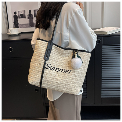 Raffia Crocheted Tote Shopping Bag Handmade Straw Bag Shoulder Beach Woven Handbag Summer Fashion Lady'S Casual Handbags Women'S Straw Shoulder Bags Rattan Woven Top Handle Raffia Crochet Beach
