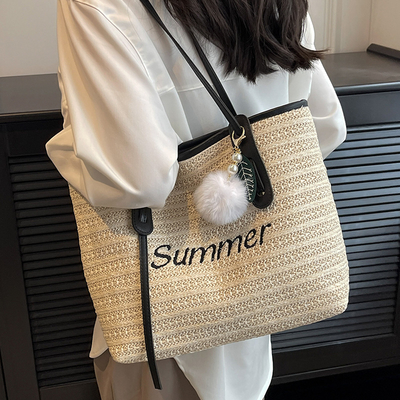 Raffia Crocheted Tote Shopping Bag Handmade Straw Bag Shoulder Beach Woven Handbag Summer Fashion Lady'S Casual Handbags Women'S Straw Shoulder Bags Rattan Woven Top Handle Raffia Crochet Beach