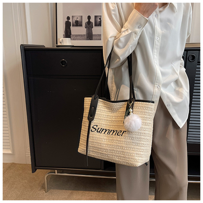 Raffia Crocheted Tote Shopping Bag Handmade Straw Bag Shoulder Beach Woven Handbag Summer Fashion Lady'S Casual Handbags Women'S Straw Shoulder Bags Rattan Woven Top Handle Raffia Crochet Beach