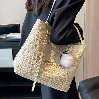 Raffia Crocheted Tote Shopping Bag Handmade Straw Bag Shoulder Beach Woven Handbag Summer Fashion Lady'S Casual Handbags Women'S Straw Shoulder Bags Rattan Woven Top Handle Raffia Crochet Beach